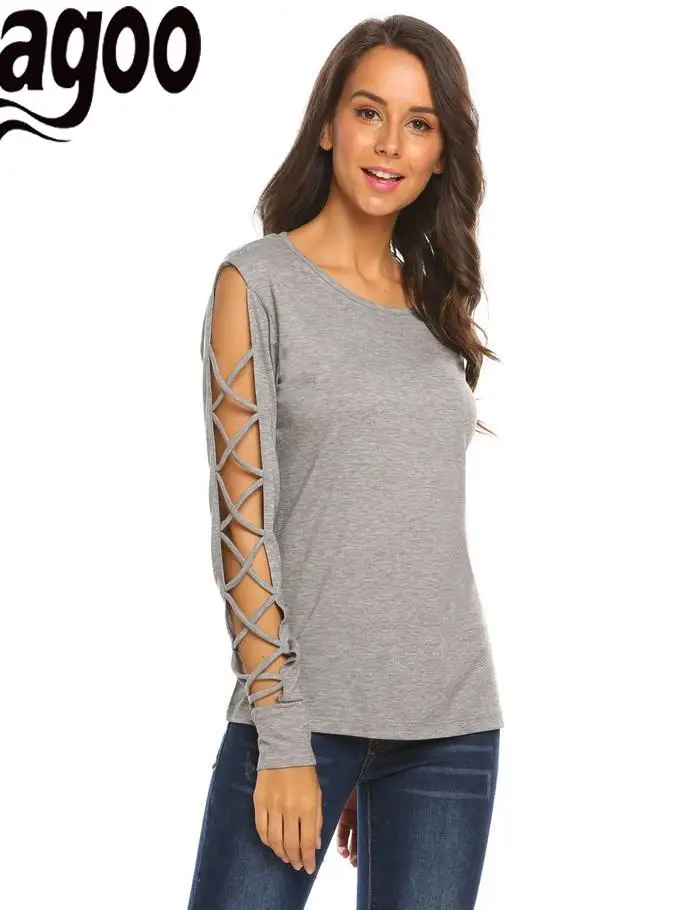 None Basic Cut off Long Sleeve Hollow Solid T shirt Women Tee Loose