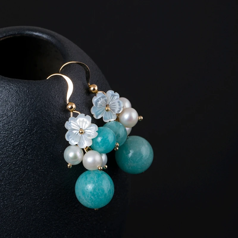 

LouLeur 14K gold Amazonite earrigns handmade DIY natural Amazonite drop earrings for women 2018 charms fashion jewelry gift