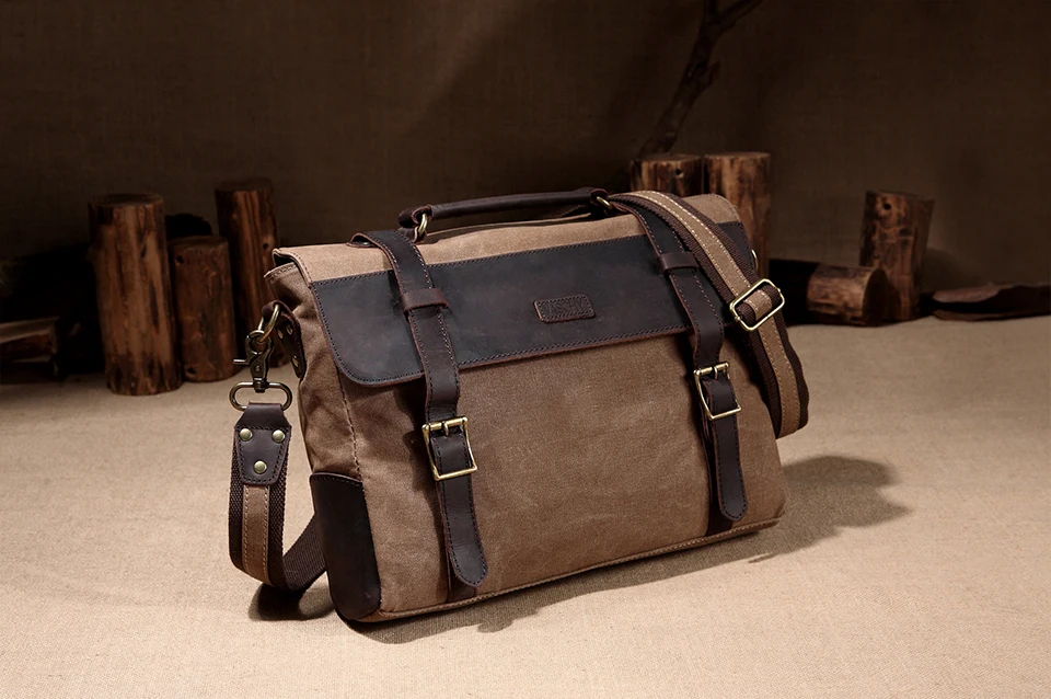 VASCHY Мужской винтажный портфель из натуральной кожи, холщовая сумка-мессенджер для мужчин, деловая сумка на плечо, подходит для 14 дюймов, сумка для ноутбука
