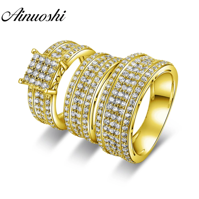 

AINUOSHI 12g Real Gold TRIO Rings Set Engagement Jewelry 10K Yellow Gold Couple Wedding Rings 5 Rows Drill Band Cluster Ring Set