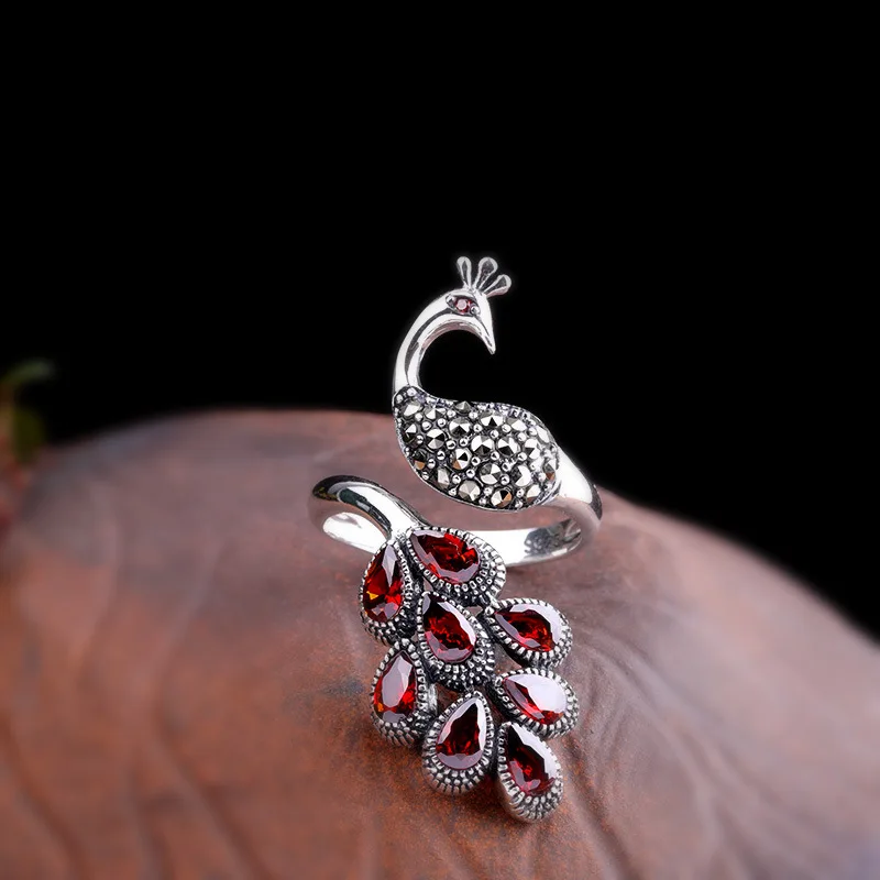 Genuine Solid Sterling Silver Peacock Ring 925 Wedding Womens Jewellery With Red Garnet Natural Stone Adjustable Fine Jewelry