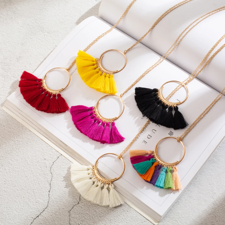 

Boho Bohemian Ethnic Tassel Pendant Necklace for Women Long Golden Chain Winter Sweater Choker Clothing Jewelry Accessories