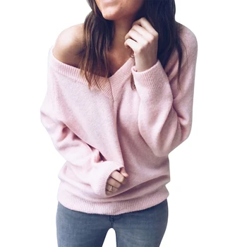 

Women New 2018 Autumn Knitted Sweater Women V Neck Solid Long Sleeve Casual Pullover Sweaters Sexy Female Women Pullover