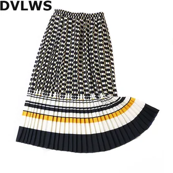 

Fashion Retro Printed Skirts Women Accordion Pleated A Line Skirts Pleated Skirt Faldas Mujer Moda za 2018 Blue Yellow Color