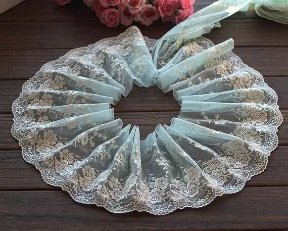 

2 Yards Lace Trim Floral Embroidered Cyan Tulle Lace Trim 5.51 Inches Wide High Quality