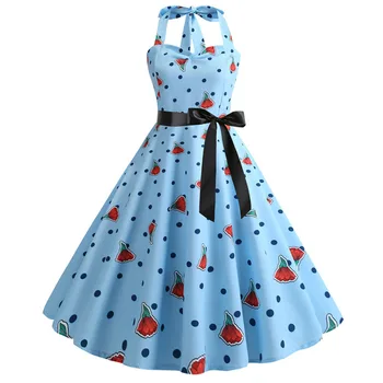 

Women Sexy Backless Halter Summer Dress Floral Print Big Swing Vintage Dress High Waist A-Line Elegant Party Dress Robe Femme