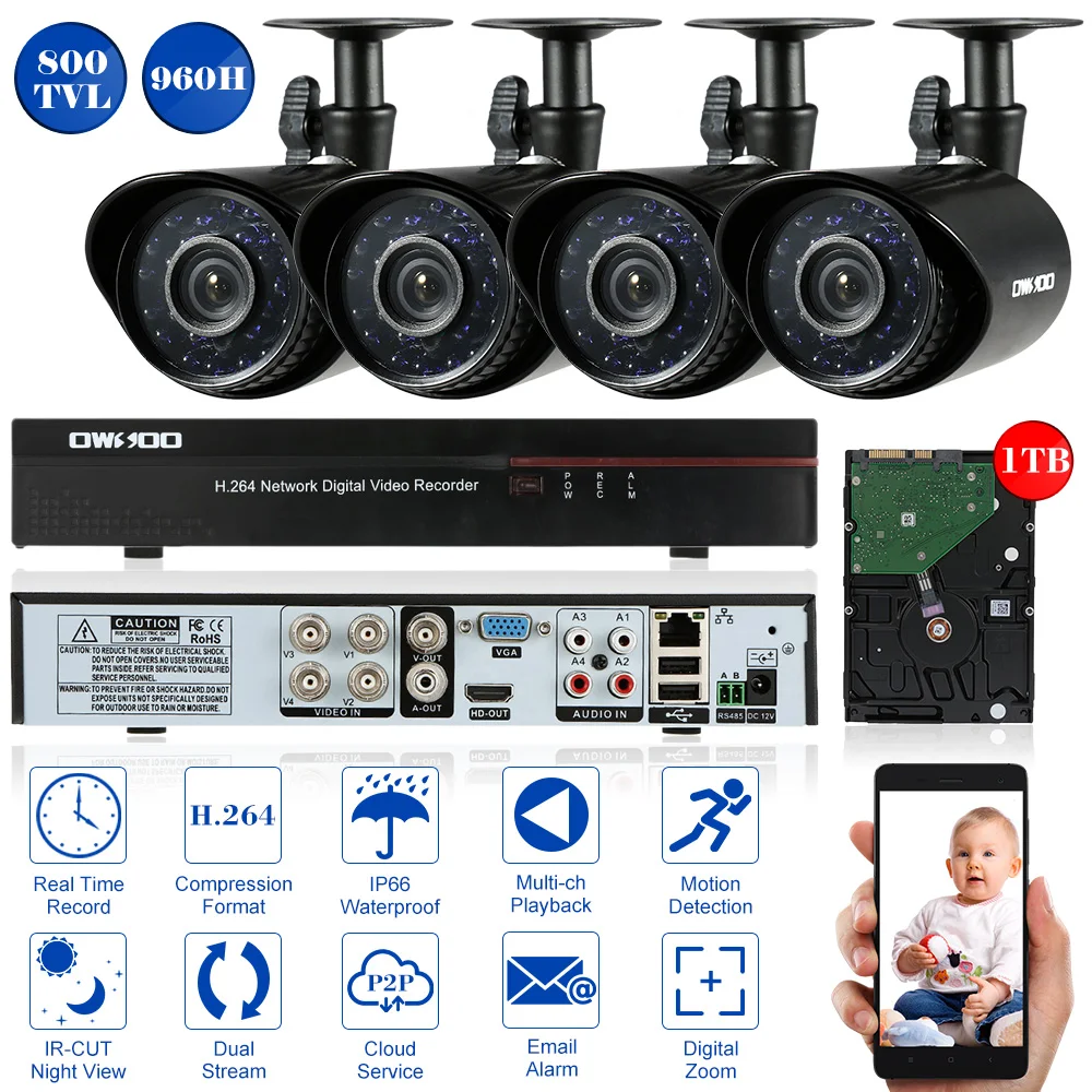 OWSOO 4CH Full 960H/D1 DVR Kit 4 pcs IR Outdoor 800TVL Security Camera System with 1TB HDD HDMI P2P DVR Recorder 4*60ft Cables