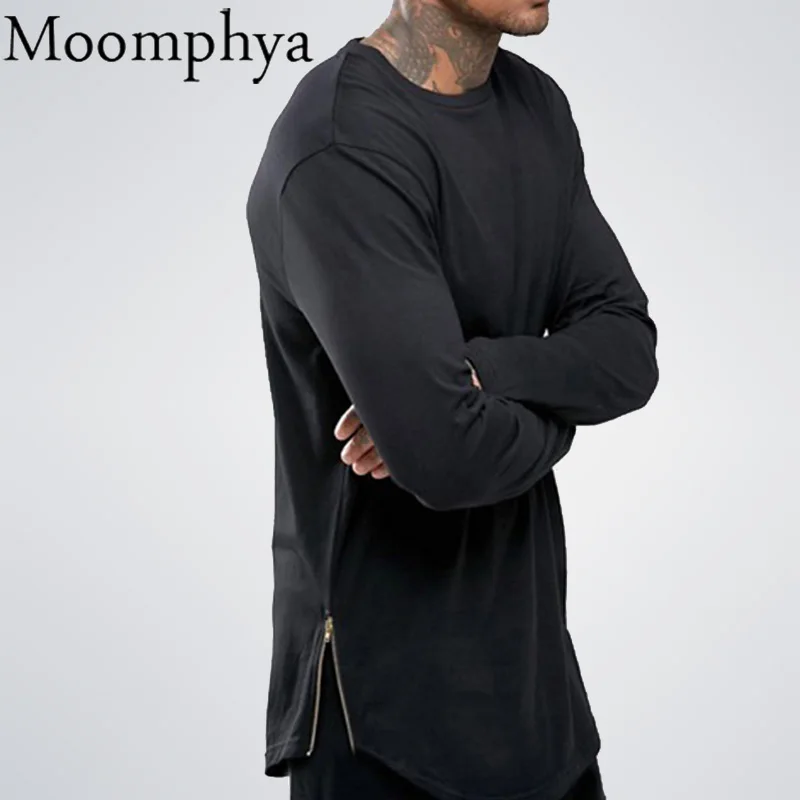 Moomphya/Fashion Уличная одежда футболка мужская EX T конец SWAG сбоку zip футболка Супердлинная футболка с длинными рукавами Wi T H кривой подол и молния