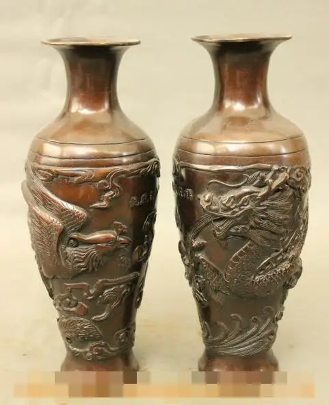 

song voge gem S7066 11 Folk Chinese Bronze Dynasty Palace Lucky Dragon Phoenix Statue Vases Pot Pair