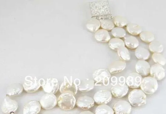 

huij 00262 3strands 14mm white coin freshwater pearl Bracelet