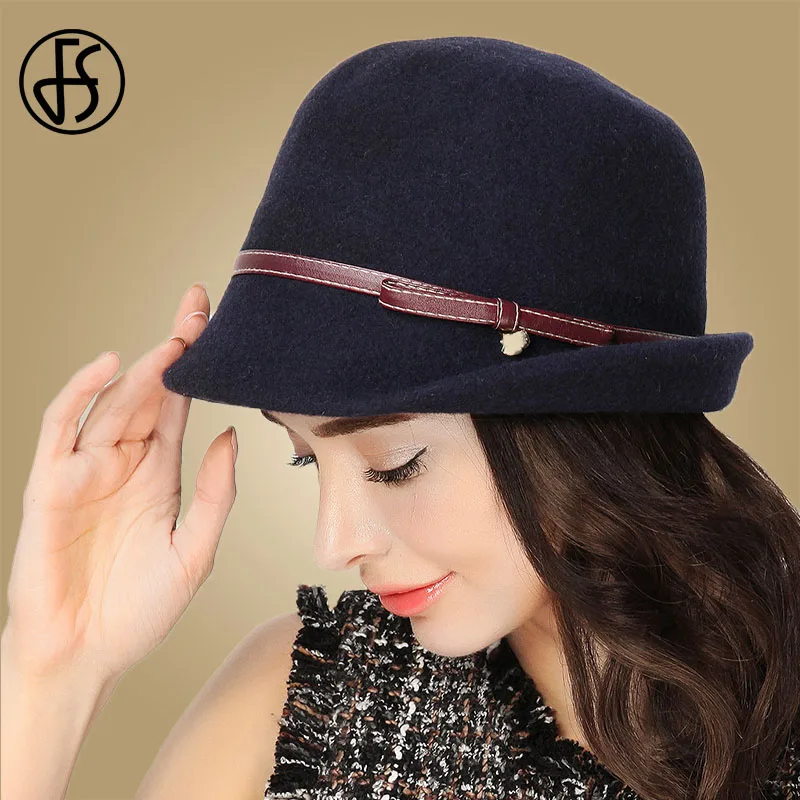 Buy FS Navy Blue Fedora Hats Women Elegant Wool Felt