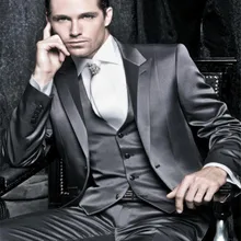 R Блестящей Темно-Серый Смокинг На Заказ Свадебные Жених Костюм Блестящий, на заказ Серый Глянцевый Четырех Частей Костюм