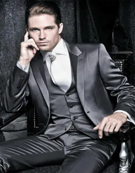 Cena R Błyszczące Węgiel Szary Smokingi Custom Made Wedding Groom Garnitur Błyszczące, Bespoke Błyszczący Szary Czteroczęściowy Kostium