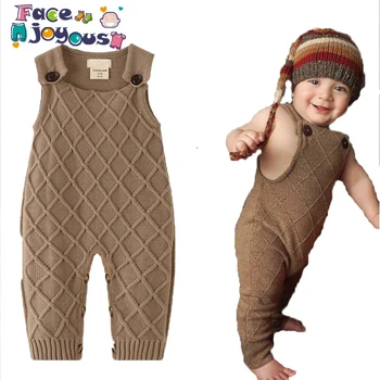 

New 2019 Spring Winter Baby Boys Knitted Romper Sleeveless Cotton Plaid Overalls Infant Girls Jumpsuit Onesie Playsuit Clothes
