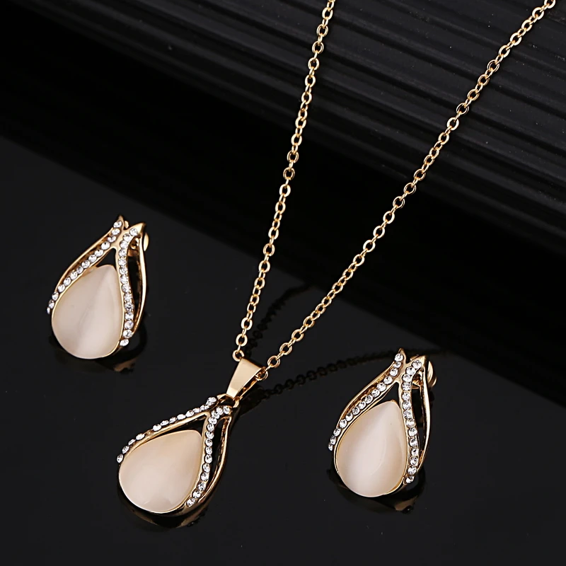 Jewelry Sets Opal Crystal Drop Pendant Necklace Earrings Bridal Wedding Gift  Bu 
