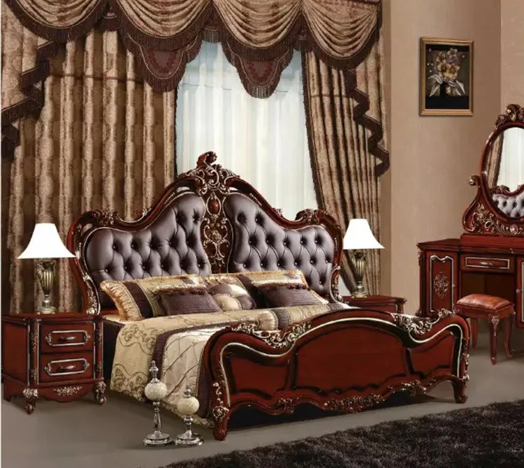 Современная Европейская кровать из массива дерева модная резная кожаная французская мебель для спальни king size HC0012
