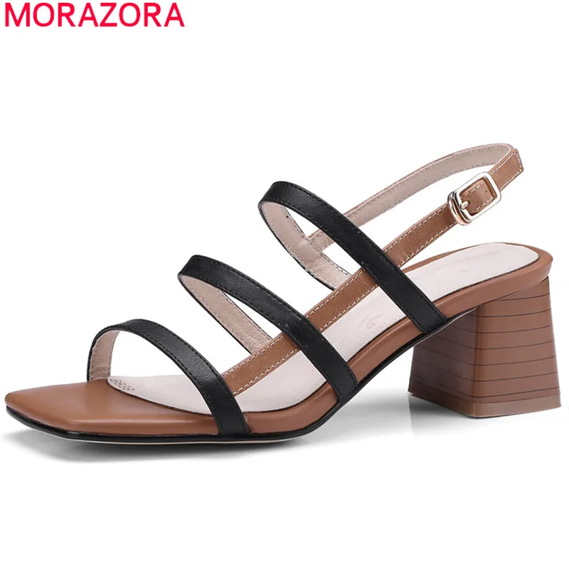 

MORAZORA 2018 fashion genuine leather shoes simple buckle women sandals hollow out elegant dress shoes square high heels shoes