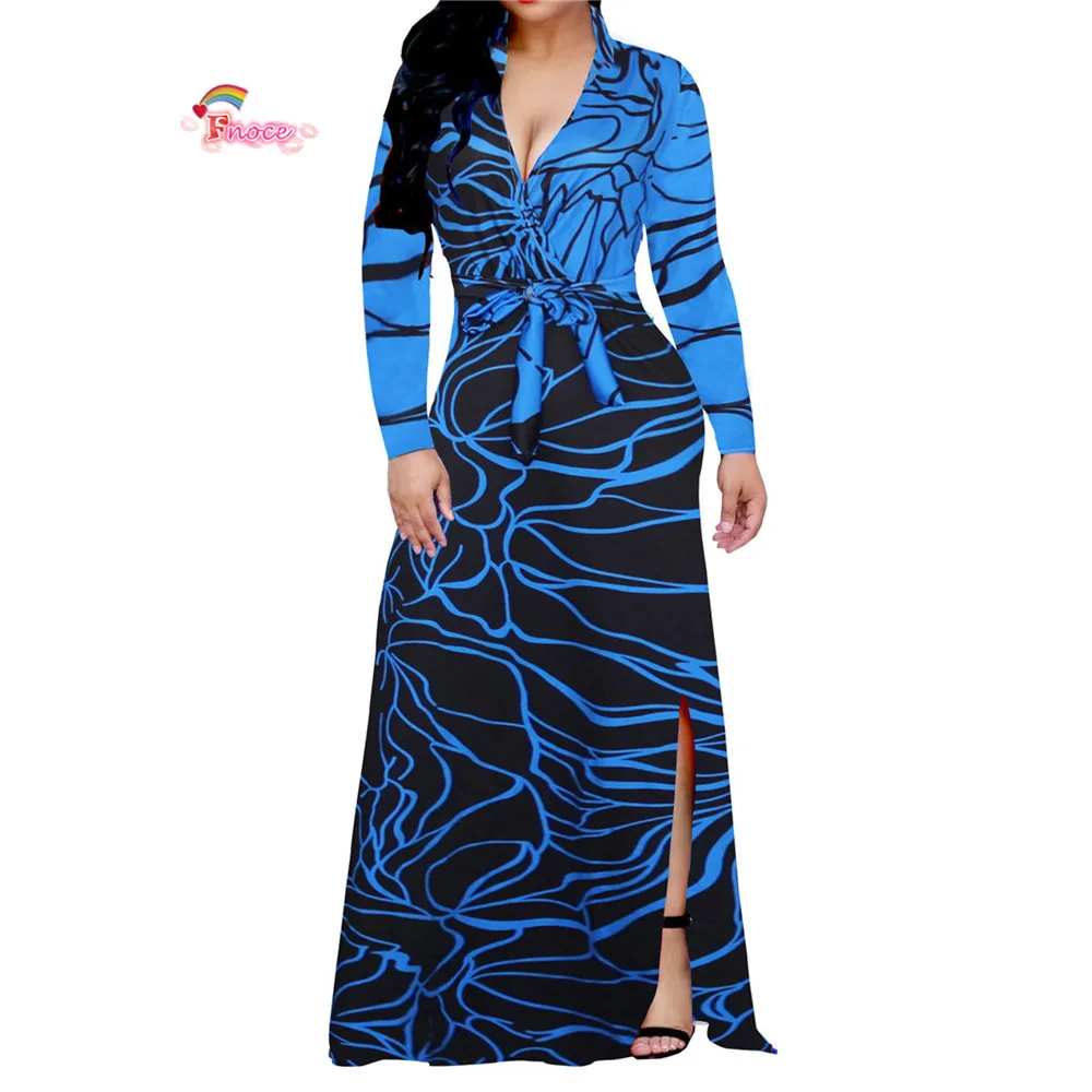 2018 Новое поступление Mulheres макси Vestidos Com Decote Em V манга Longa Das Da Moda preto e azul Vestido Longo Festa