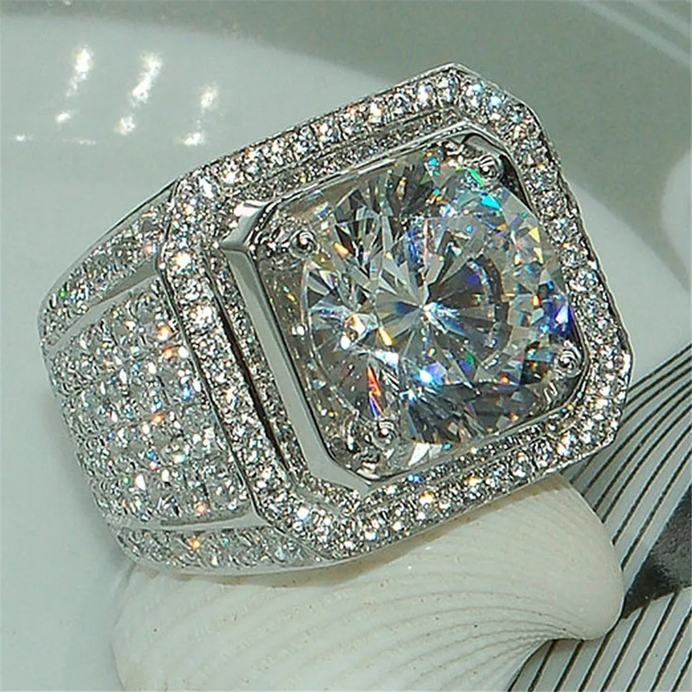 

Luxury Square Cut Large Stone Princess Cut Silver Crystal Rings Bague Engagement Birthday White Crystal Zircon Men Jewelry