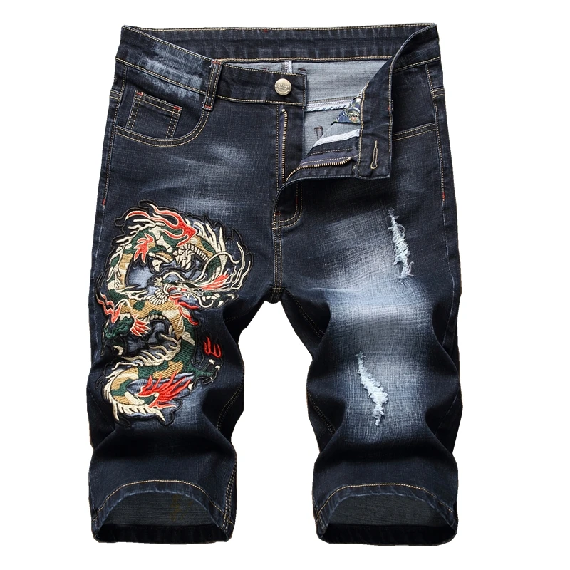 

2019 New Mens Embroidery Slim Ripped Hole Badge Jeans Shorts Black Knee Length High Stretch Denim Thin Comfort Short Jeans