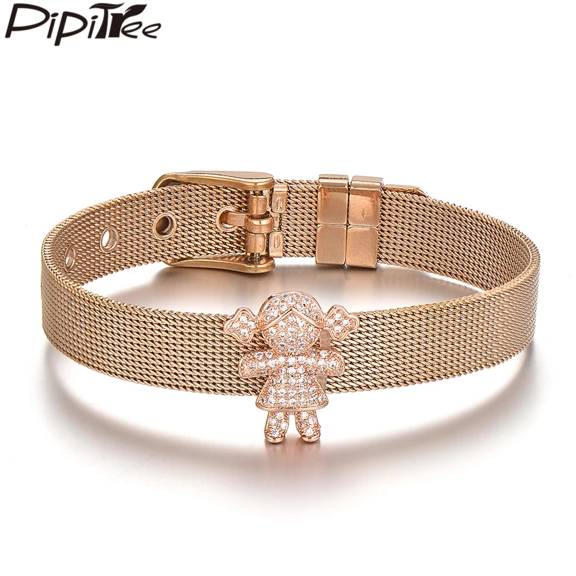 

Pipitree Lovely Boy Girl Cubic Zirconia Bracelet Stainless Steel Mesh Family Bracelets Buckle Wristband Jewelry for Women Lovers