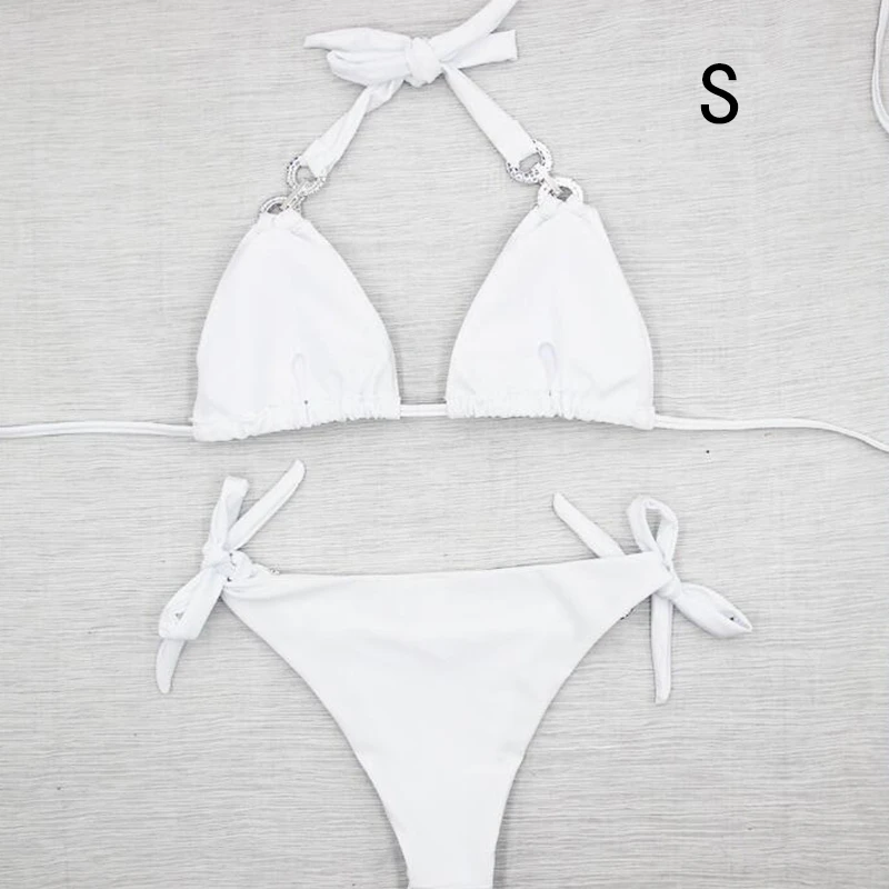 Swimwear Bikini Solid Color Swimwear Women'S Bikini Set Hand-Studded Lace Splicing High-End Bikini Split Swimsuit