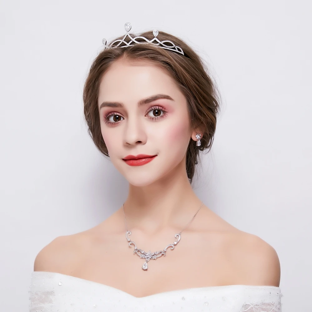 

Pear Cut Cubic Zirconia Tiara Crown Micro Inlays Zircon Headband Hair Accessories Wedding Bride Necklace Earrings Jewelry Sets
