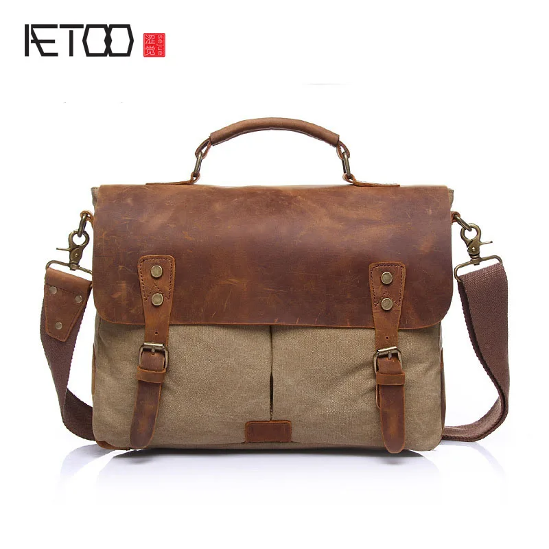 

AETOO Explosive Men's Handbag Shoulder Bag Canvas With Mad Horse Leather Men's Briefcase