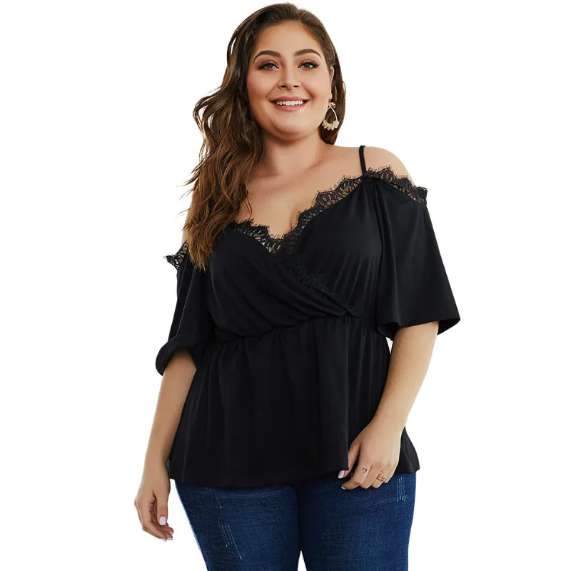 Autumn Blouse Shirts Women Tops Female Plus Size 4XL Black Shirt Blusas Lace Patchwork Strap Hollow Out Summer Blouses A040