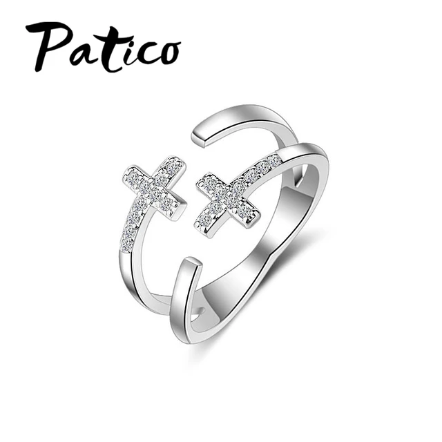 PATICO Latest S90 Silver Free Size Rings Shiny CZ Zircon Stones Double Cross Rhi PATICO Latest S90 Silver Free Size Rings Shiny CZ Zircon Stones Double Cross Rhi