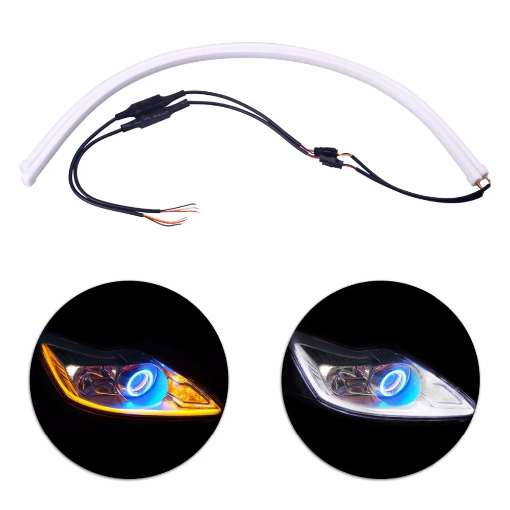 

2 x 60cm Angel Eye Daytime Running Light Universal Tube Guide Soft & Flexible Car LED Strip DRL White & Yellow Turn Signal Light