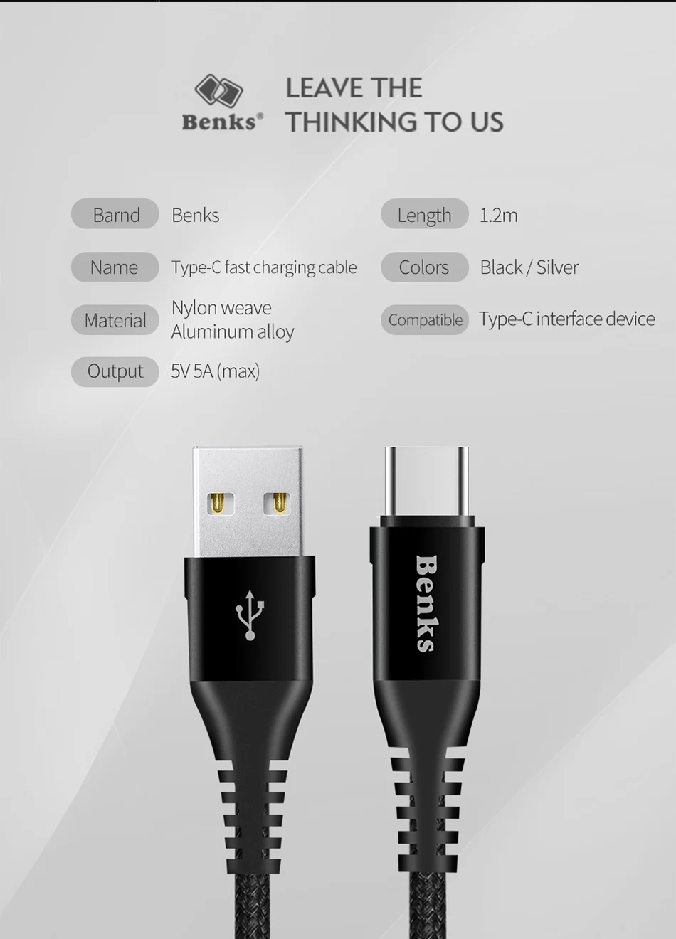 Benks Nylon USB Type C Fast Charging Cable For Samsung S8 S9 Huawei P10 P9 Plus Xiaomi 6 5 Android  Phone 5A Charger Cables 1 (11)