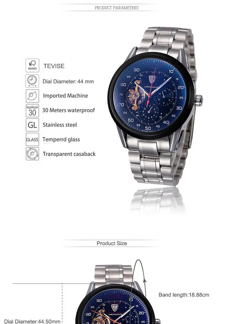 Tevise деловые часы модные роскошные Relogio для мужчин автоматические часы мужской бизнес непромокаемые наручные часы Montre Homme