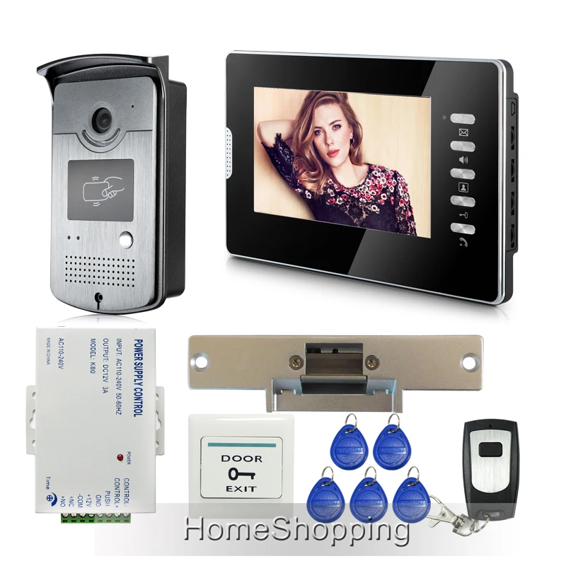 

FREE SHIPPING New 7" Video Intercom Door Phone System 1 Monitor + 1 RFID Access Camera Electric Strike Lock + Remote Whole sale