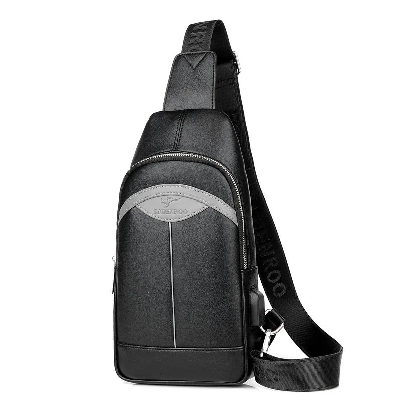 Роскошные Брендовые мужские сумки через плечо, кожаные нагрудные сумки с usb зарядкой, деловая сумка-мессенджер, повседневная сумка на плечо, Мужская нагрудная сумка - Цвет: Черный