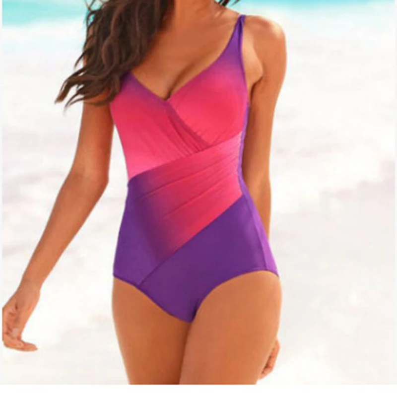 

Sexy Gradient Color One Piece Bikini Swimsuit Lady V Neck gathering elasticity Monokini Swimwear New Style Bikini