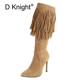 

New Women Winter Knee High Boots Sexy Pointed Toe Thin Heels Side Zipper Fringe Long Boots For Women Big Size 32-46 Stilettos