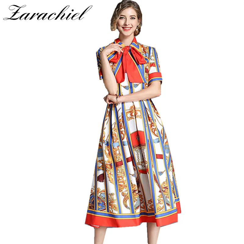 

2019 Summer Runway Dress Women's Retro Striped Short Sleeves Single-Breasted Belt Bow Digital Printing Casual Long Shirt Dress