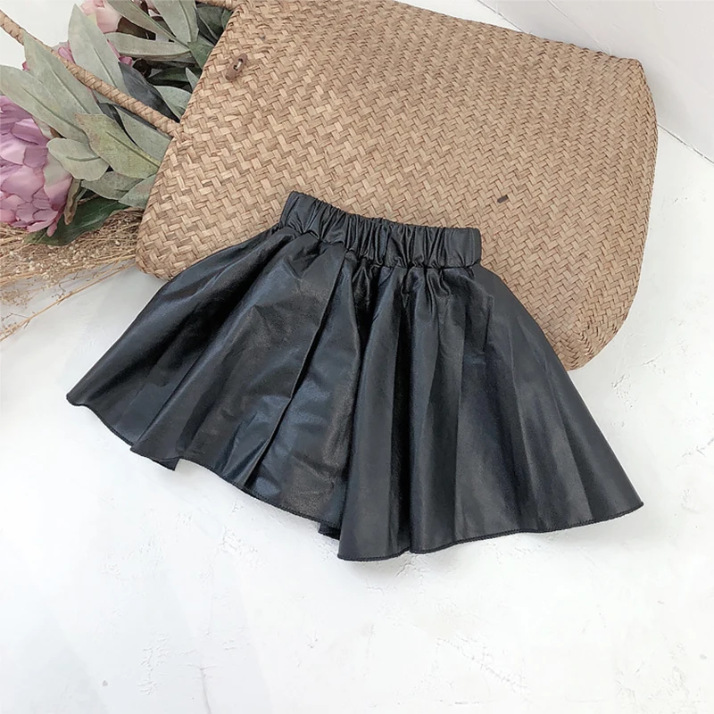 Skirt Girl Fashion Leather Elastic Waist Baby Kids Children Above Knee Casual