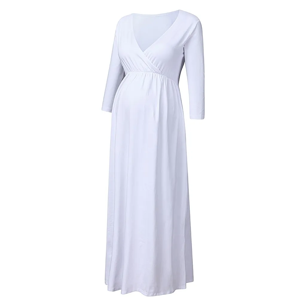 Maternity Dresses Summer sexy dress women Pregnant Clothes Cotton 3/4 Sleeve Casual Ruched Loose Plus Size Maxi Dress pregnancy - Цвет: White