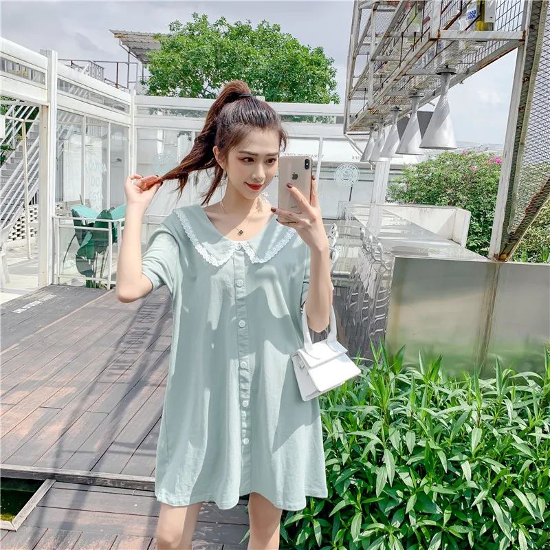 

2019 Summer Peter Pan Collar Short-sleeved Female Sweet Fairy Dress Backless Single-breasted Women Cotton Dress Loose Lady Dress