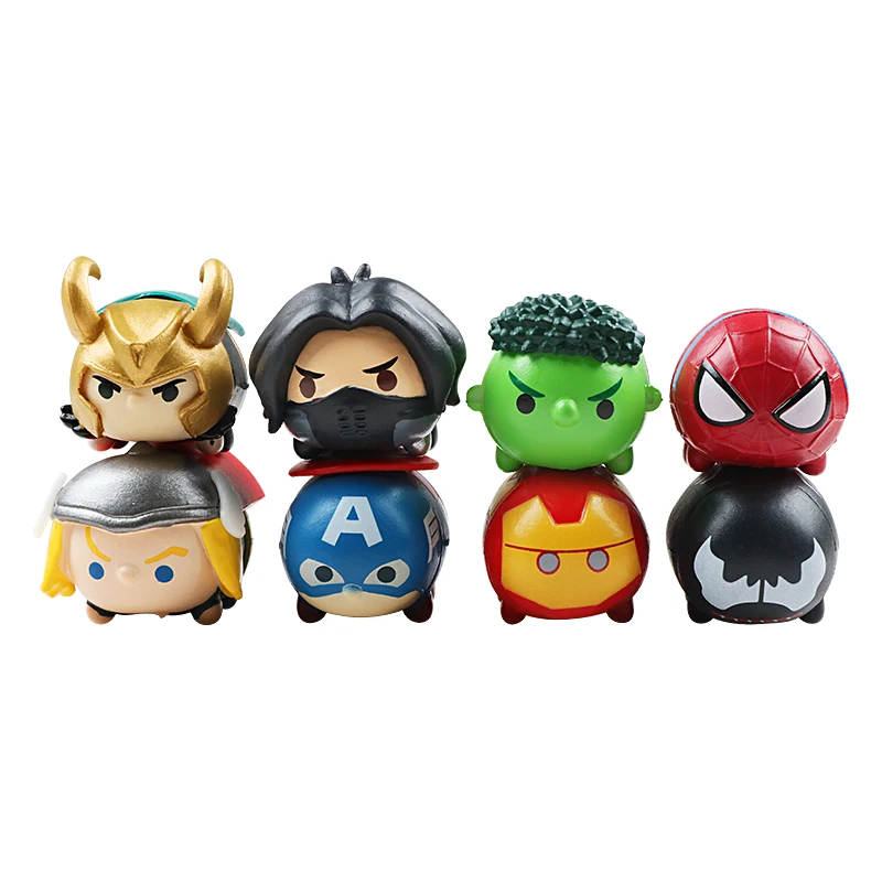 8pcsset Marvel The Avengers Kawaii Tiny Tsum Tsum Mini Spider Man Iron Man Hulk Captain America Thor PVC Avengers Figures Toys