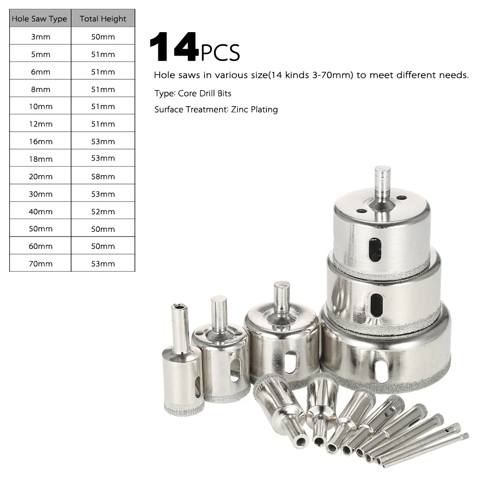 14 шт. 3-70 мм пила для стекла набор Алмазные с покрытием отверстие пилы шлифовальное долото плитка керамическая стеклянная фарфоровая бурение