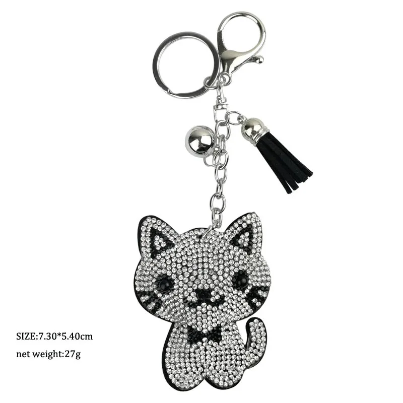 

cute cat with good quality wholesale 6 color new fashion charm key chain pendant rhinestone cat leather keychain