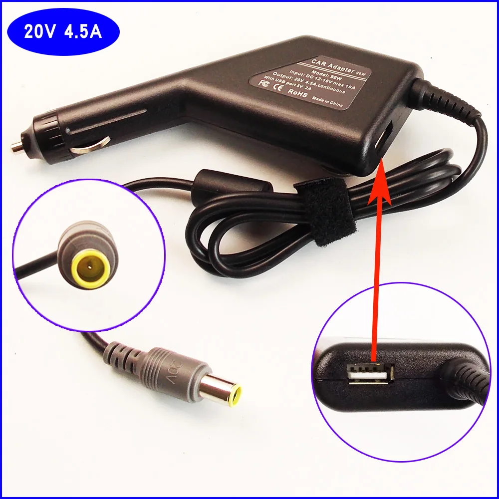 20V 4.5A Laptop Car DC Adapter Charger Power+USB for IBM Lenovo