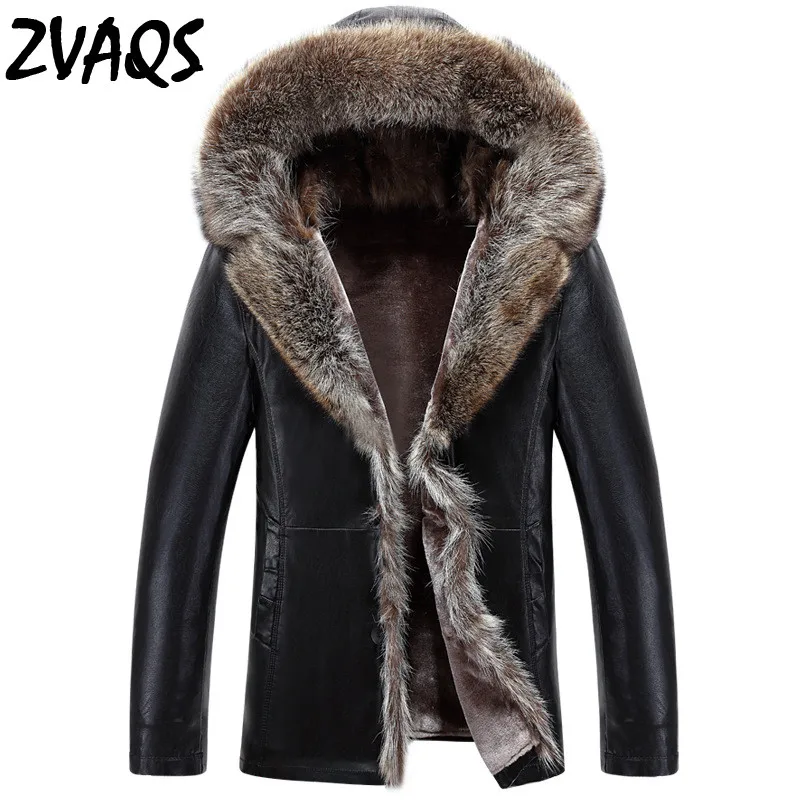

High Quality Men's Leather Hooded Jacket 2018 Winter Thick Fur Collar Leather Jacket Men Plus Size 3xl 4xl Black ZVAQS XT224