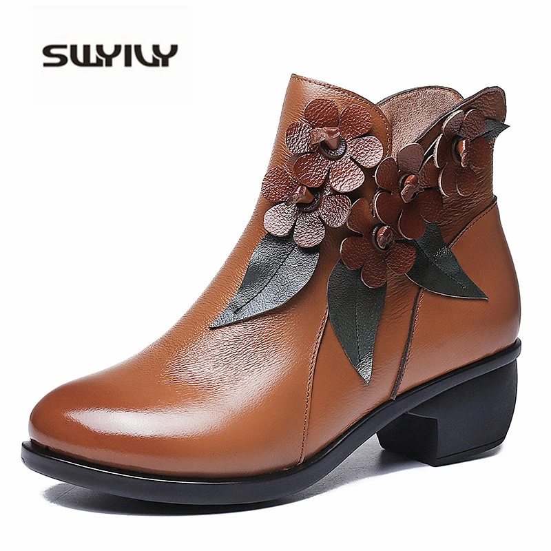 

SWYIVY Ankle Boots Woman Winter Boots 2019 Autumn Women Shoes Black Genuine Leather Ethnic Retro Snow Boot Block Heel Shoes Warm
