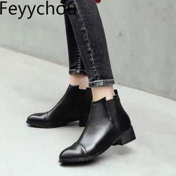 

Women Boots Autumn Winter Med Heel Warm Pu Ankle Chelsea Shoes Round Toe Elastic Band 2018 New Sexy Fashion Casual Gray Black