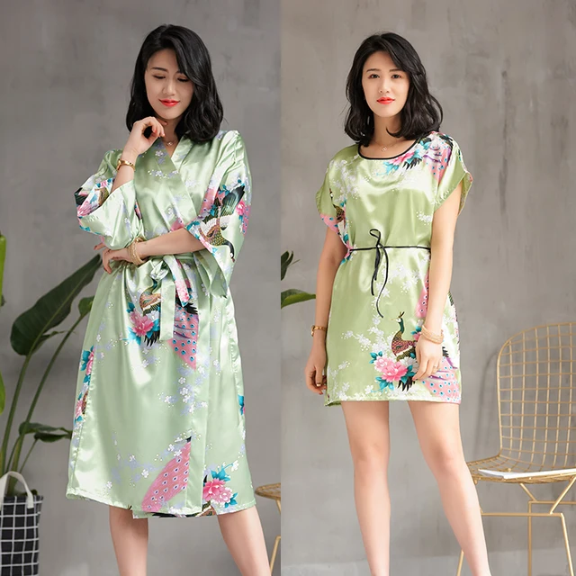 Sexy Wedding Bride Bridesmaid Robe Set 2018 Summer Ladies Rayon Kimono Bathrobe Gown Flower&Peacock 2PCS Sleepwear Nightwear