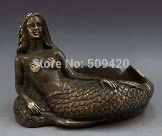 

China brass copper fine Beautiful Mermaid Sculpture Ashtray Statue